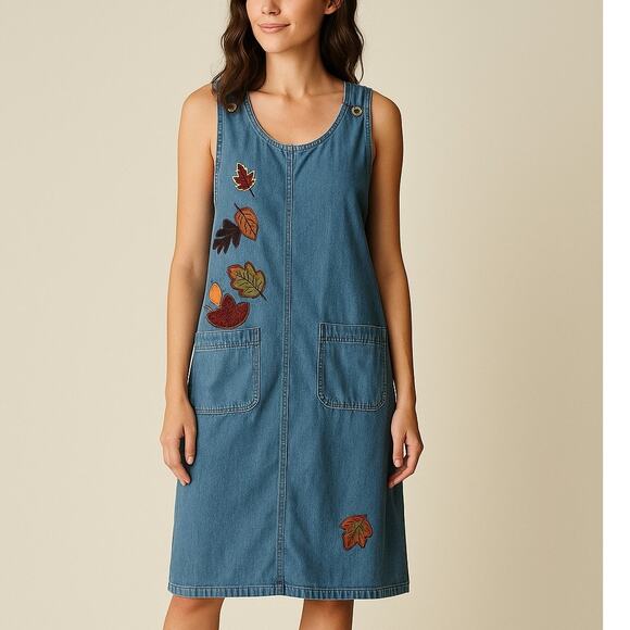 Vintage Christopher & Banks Autumn Falling Leaves Embroidered Denim Dress - Picture 1 of 8